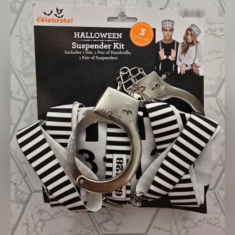 Suspenders, Handcuffs, Hat Kit 3 Pieces Prisoner Costume Halloween Inmate